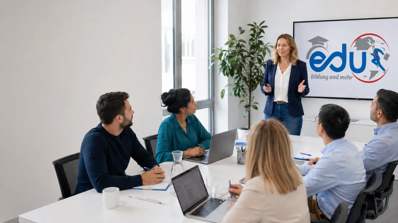 Firmenkurs bei Edu Bildung in Esslingen – Lehrkraft mit Team und Smartboard